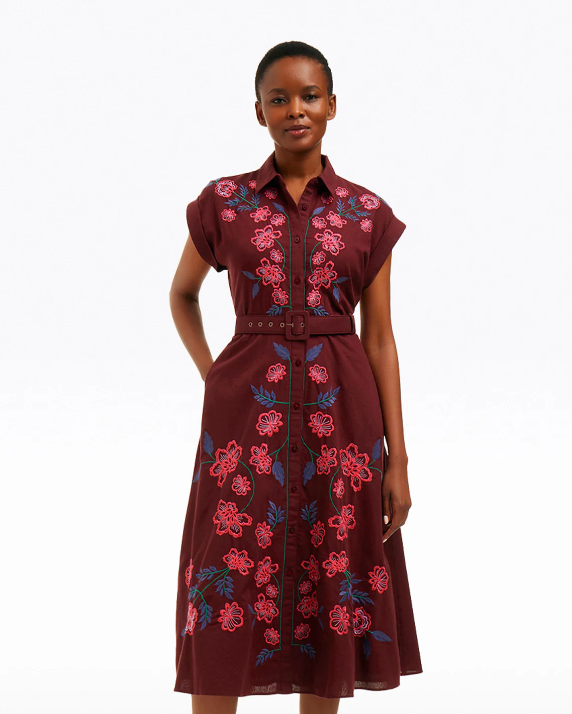 Presley Embroidered Midi Shirtdress in Raspberry Pink | Draper James (US)