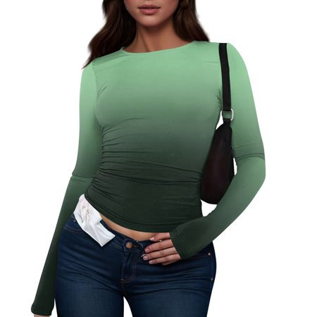 bbyeadc Womens Green Long Sleeve Shirts Y2k Gradient Going Out Tops Spring Fall Winter Crew Neck Strechy Slim Fit Tee Top Pullover Green XS | Walmart (US)