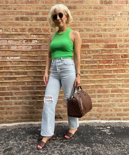 Similar green ribbed tank from Amazon. Levi’s Ribcage Ankle jeans. Steve Madden Thai slides and Ray Bans  

#LTKstyletip #LTKunder100 #LTKshoecrush