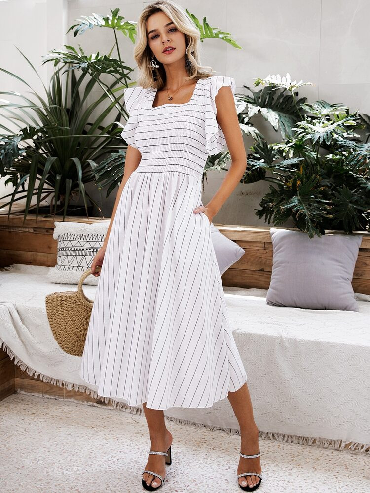 Simplee Shirred Bodice Butterfly Sleeve Striped Dress | SHEIN