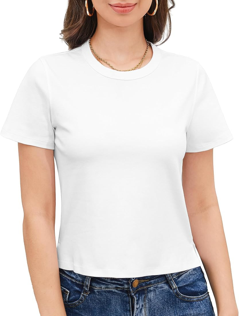 Stelle Women's Cotton T-Shirts Crewneck Short Sleeve Basic Tees Summer Casual Solid Crop Tops | Amazon (US)