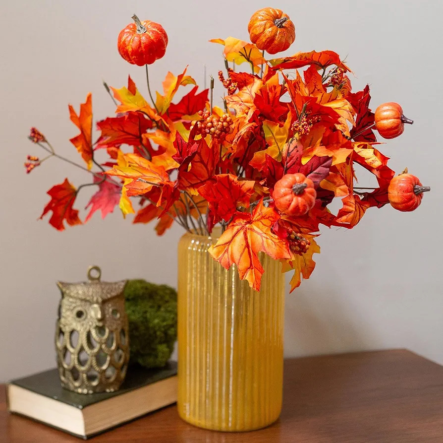 Ivydale 2 PCS Fall Maple Leaves Pumpkins Stems Branches, Fake Autumn 14 Bouquet Floral Branch, Ar... | Amazon (US)