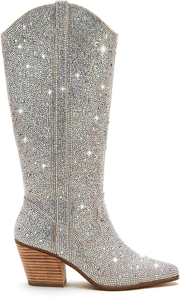 Atuelang Women's Rhinestone Cowboy Boots Sparkly Knee High Boots Fashion Pointed Toe Block Heel M... | Amazon (US)