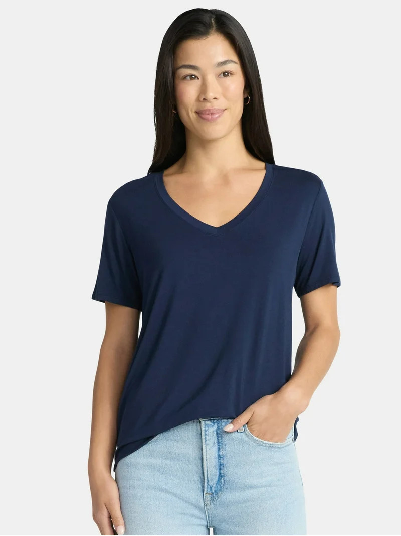 Time and Tru Women's V-Neck Tunic Tee with Short Sleeves, Sizes XS-XXXL | Walmart (US)