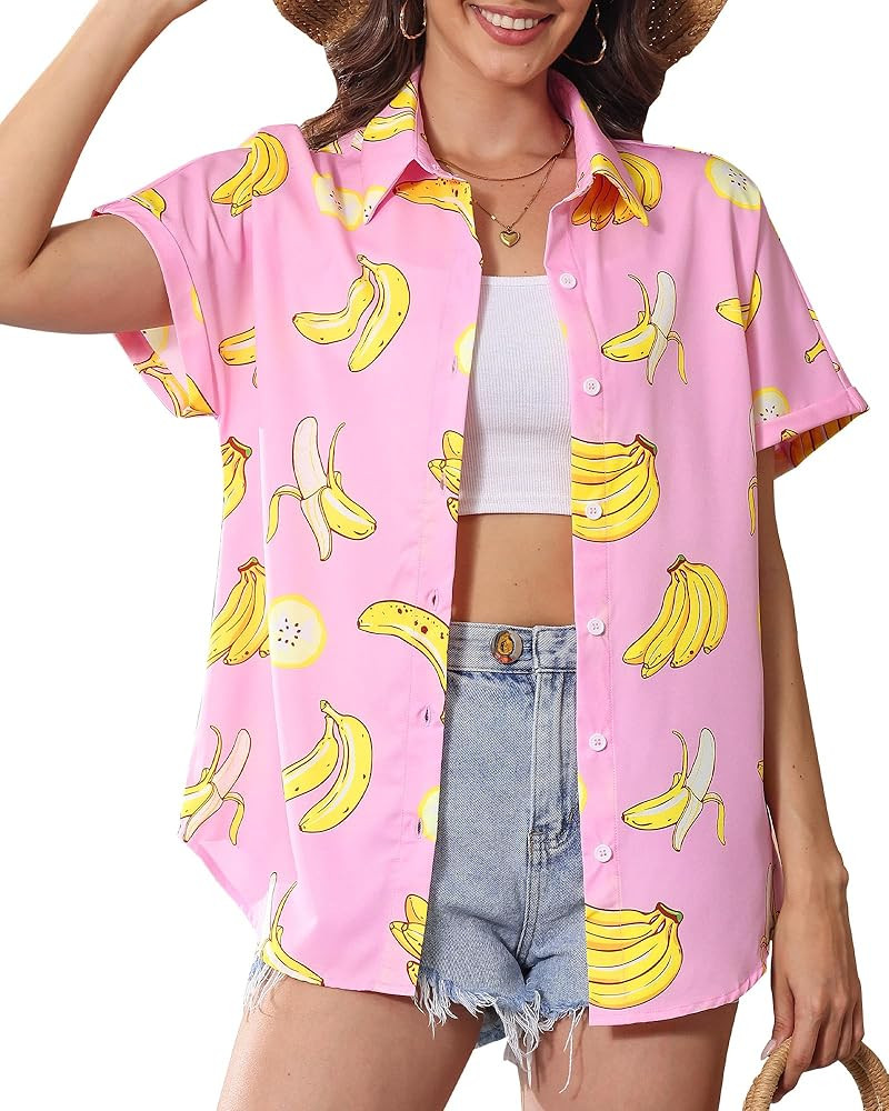 Hawaiian Shirts for Women Floral Summer Button Down Beach Blouse V Neck Batwing Short Sleeve Luau... | Amazon (US)