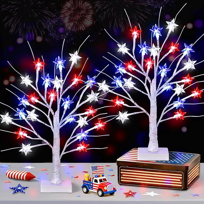 2 Pack 18" 4th of July Patriotic Tree Lights with 24 LED Red White Blue Star Lights Battery or US... | Amazon (US)