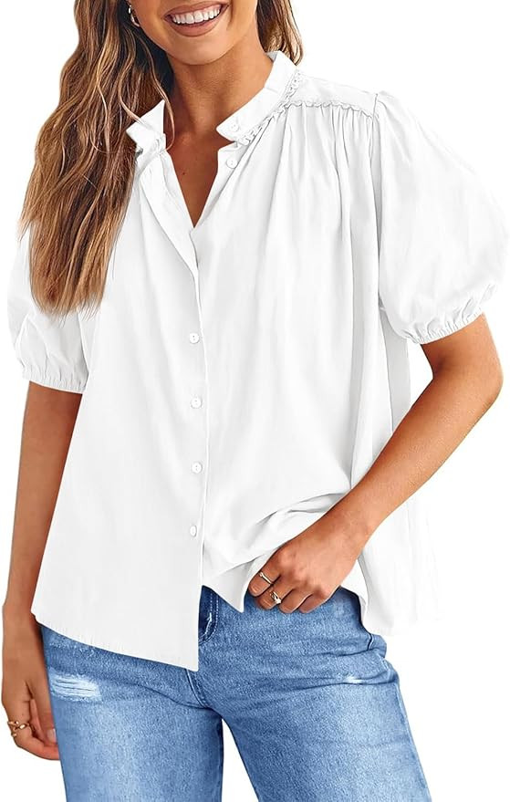 Tankaneo Womens Puff Sleeve Button Down Shirts Cotton Pleated Loose Fit Tops Summer Dressy Casual... | Amazon (US)