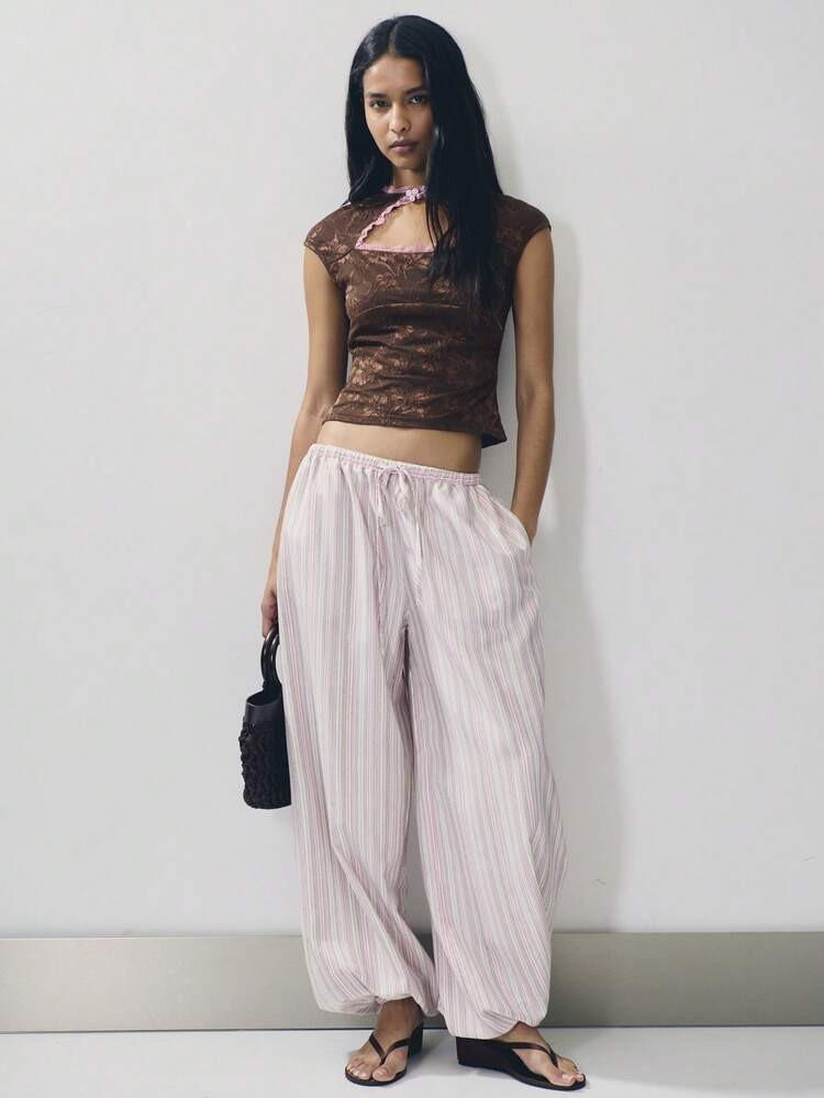 N\u00f6ista Balloon Long Pants In Light Pink Stripe, Autumn, Casual, Loungewear Print Elegant Sai... | SHEIN