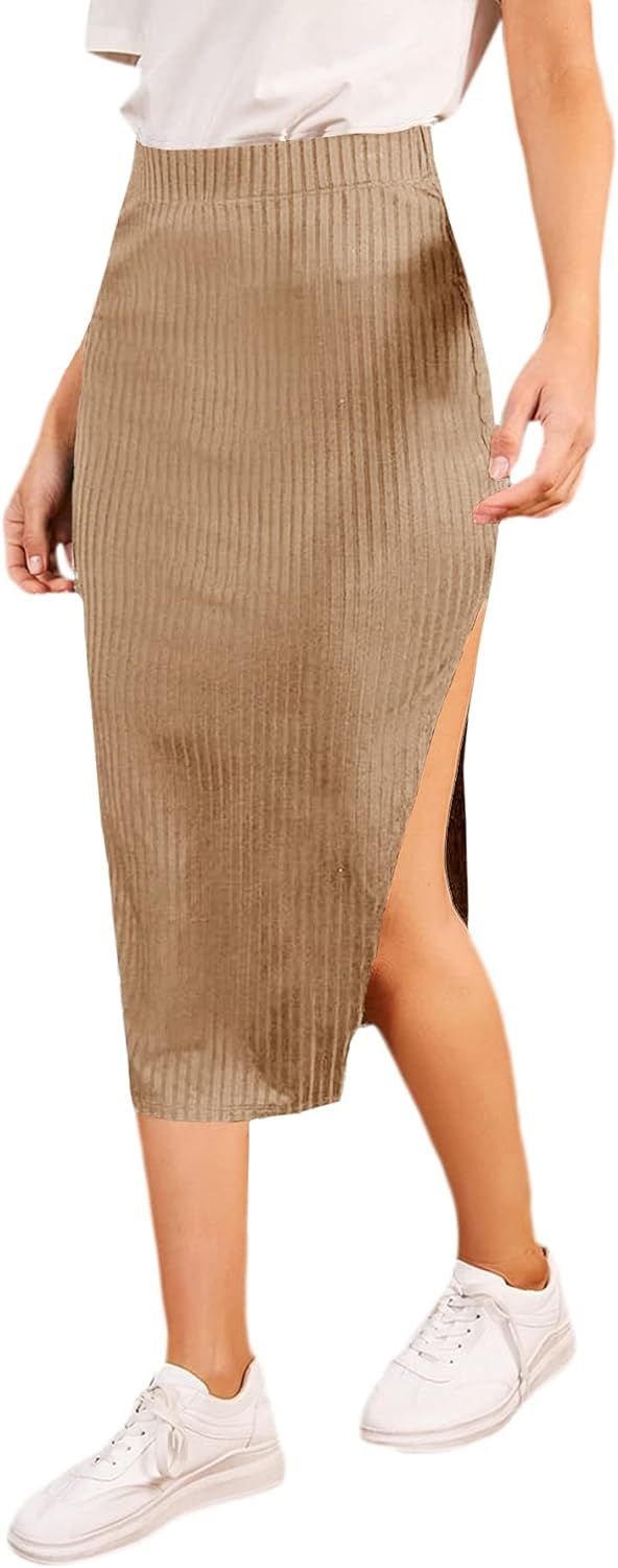 SheIn Women's Slit Midi Skirt Split Bodycon Pencil Ribbed Knit Midi Skirts | Amazon (US)
