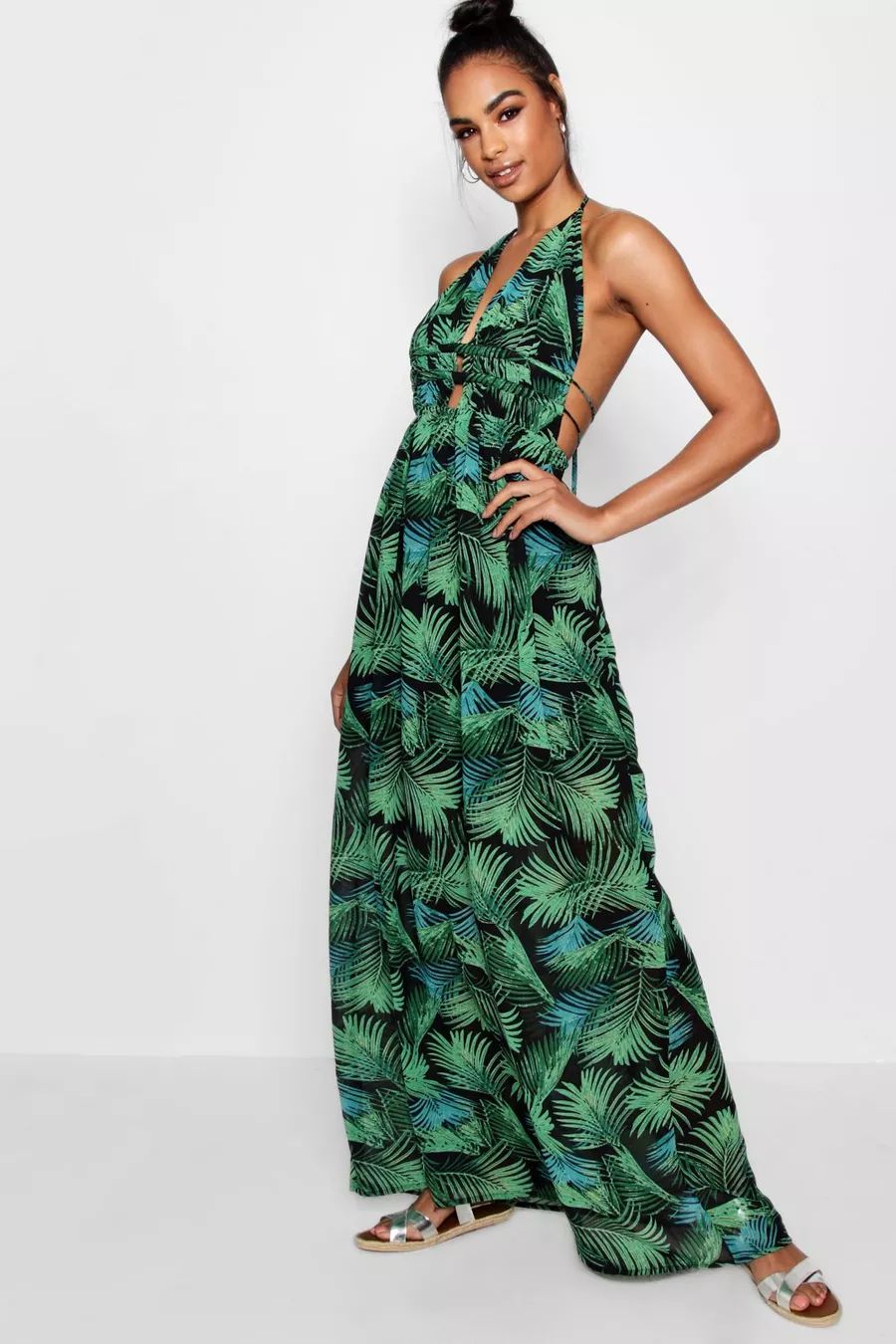Tall Plunge Front Palm Print Maxi Dress | Boohoo.com (US & CA)