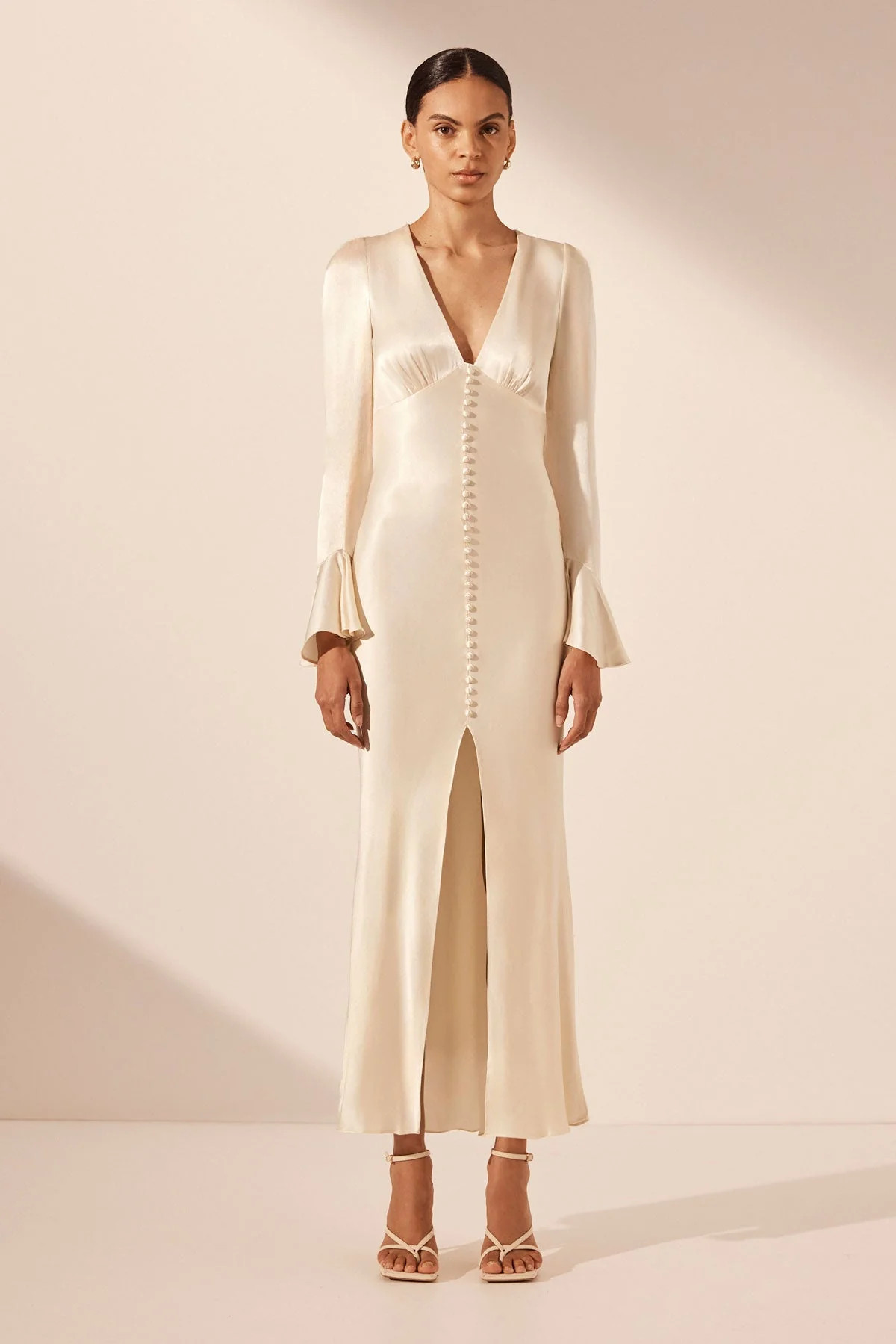 La Lune Frill Cuff Bias Midi Dress | Cream | Dresses | Shona Joy | Shona Joy