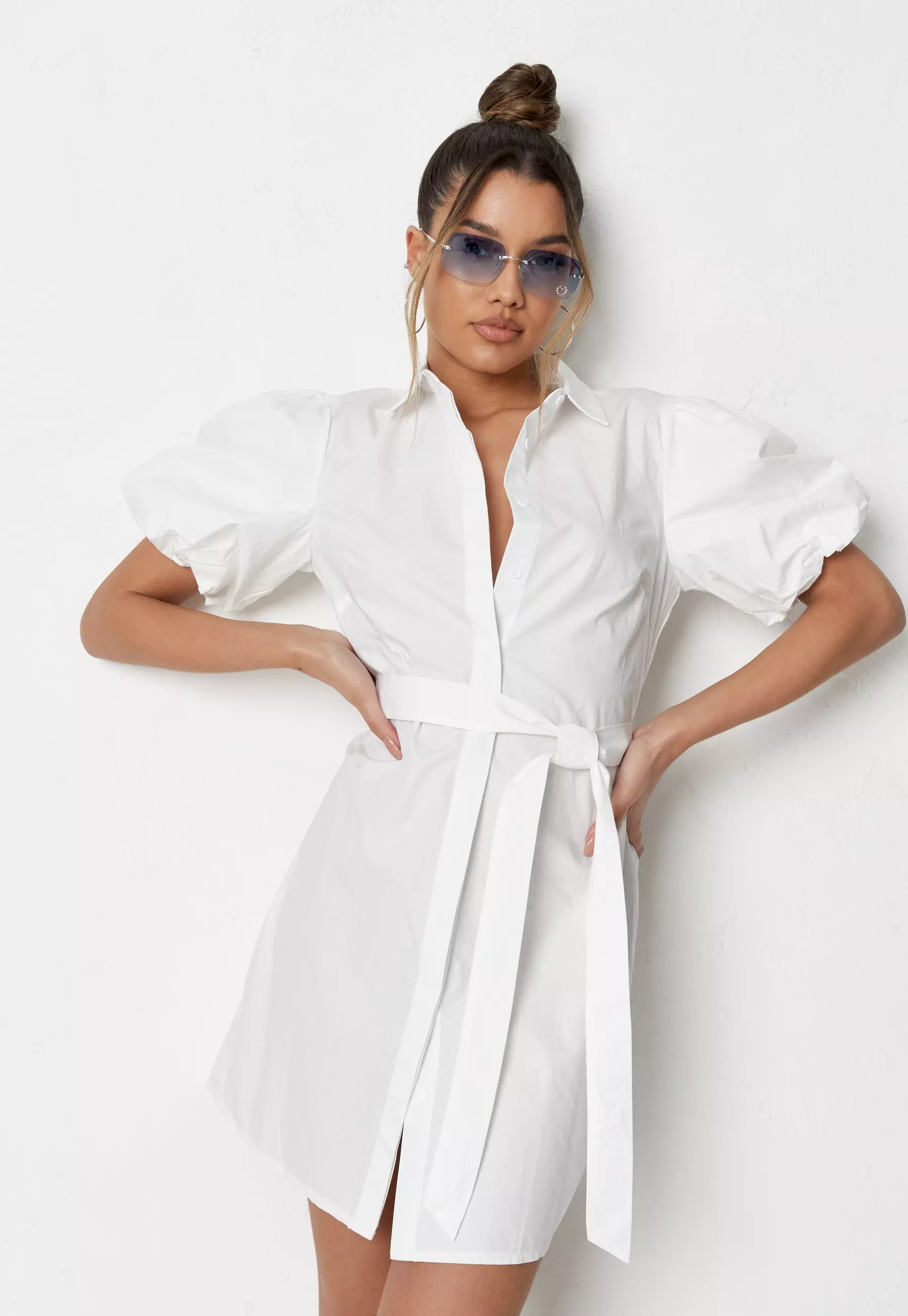 Tall White Puff Sleeve Belted Shirt Dress | Missguided (US & CA)