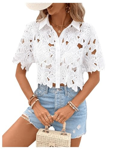 SOLY HUX Women's Floral Lace Cropped Blouses Hollow Out Crop Tops Blouse Short Sleeve Button Down... | Amazon (US)