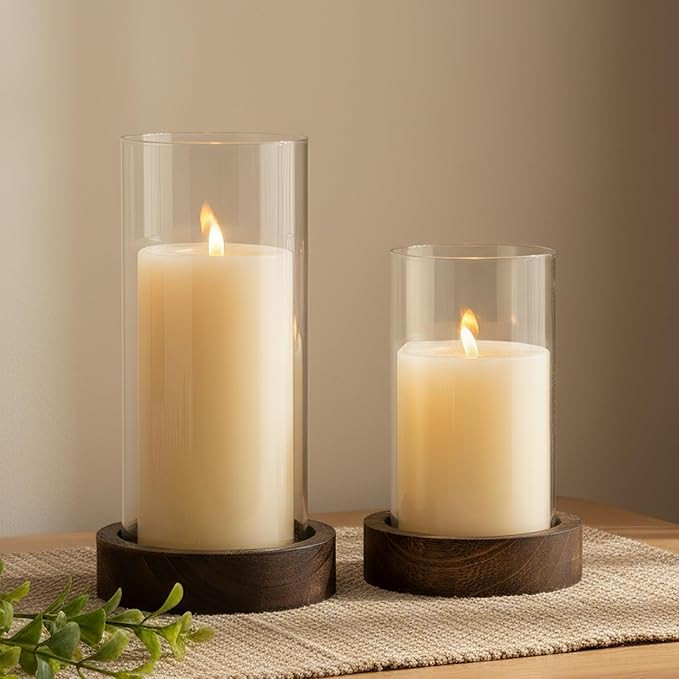 Set of 2 Hurricane Candle Holders with Wood Base & Glass Cylinder (4.2x5.9” & 4.6x7.8”) – R... | Amazon (US)