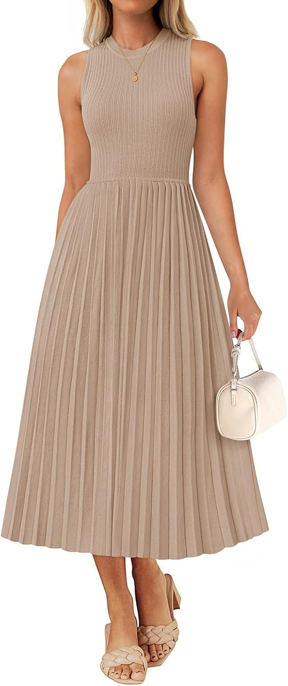 ZESICA Women's 2025 Summer Sleeveless Midi Dresses Crewneck Knit Pleated A Line Swing Casual Basi... | Amazon (US)