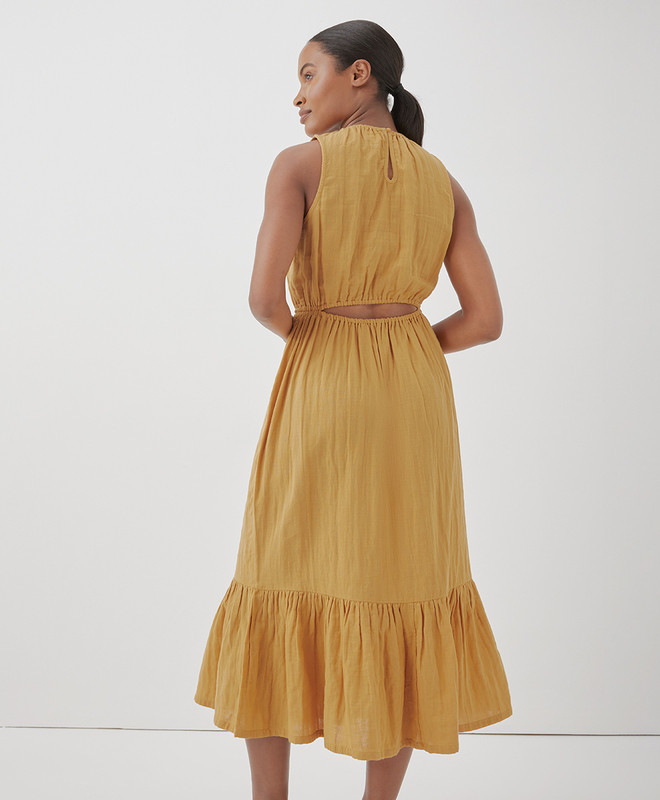 PACT Women's Mustard Coastal Double Gauze Cutout Midi Dress S | Pact Apparel