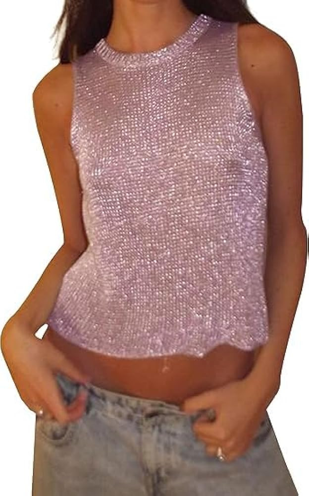 Meladyan Women Sexy Fishnet Knit Glittering Crop Tank Going Out Top Sheer Mesh Sleeveless Crewnec... | Amazon (US)
