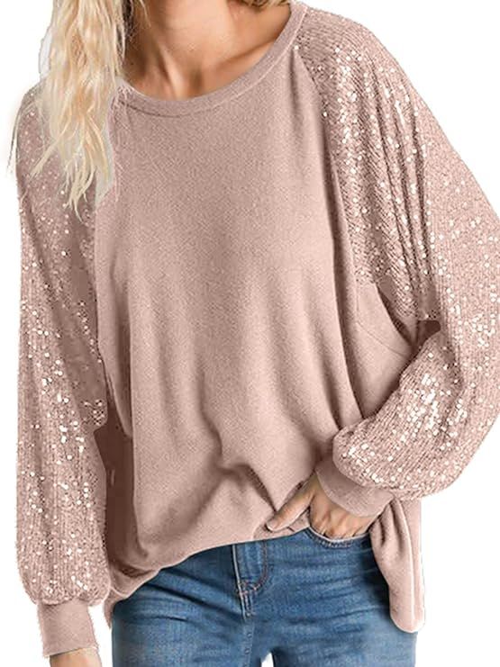 ALLTB Women's Sparkle Sequin Tops Sweatshirt Shimmer Glitter Long Sleeve Blouses Crewneck Loose F... | Amazon (US)