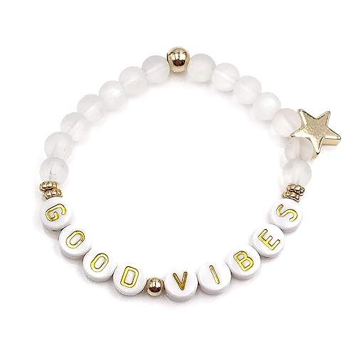 14K Gold Plated Beaded Bracelets Letter Stretch Dainty Stackable Bracelet for Women | Amazon (US)