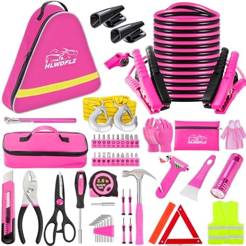 Car Roadside Emergency Kit - Pink Roadside Assistance Emergency Kit with Jumper Cables, Auto Tool... | Amazon (US)