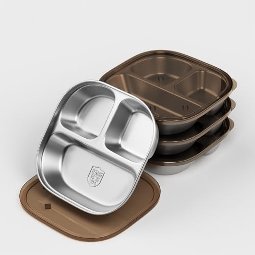 ENCYS Snack Containers with Lids 4 Pack Stainless Steel Kids Plates,Stainless Steel Toddler Plate with Lids- Reusable Meal Prep Lunch Containers for Kids | Amazon (US)