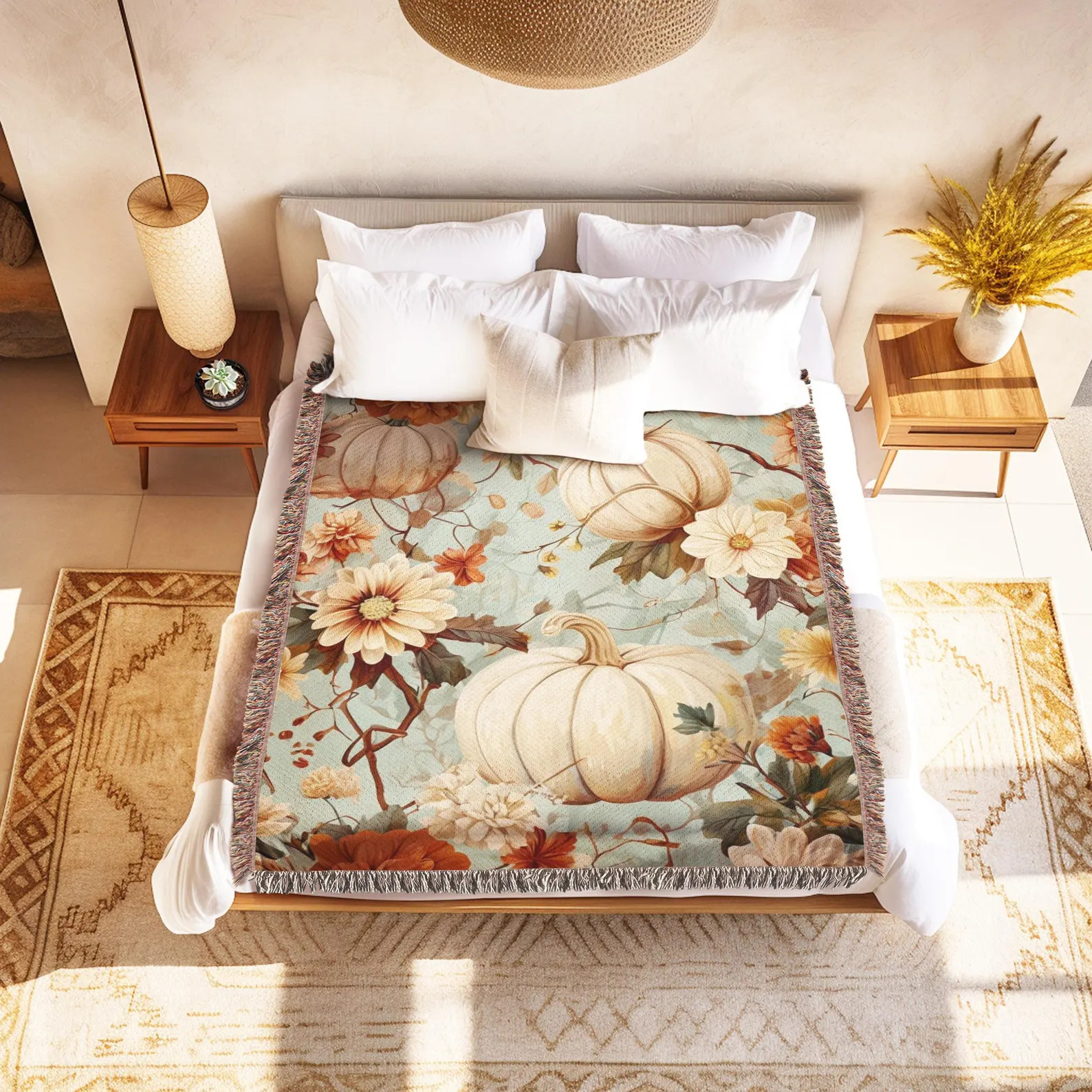 Cottagecore Pumpkin Blanket Cozy Fall Throw Vintage Floral Decor Rustic Bedding Autumn Tapestry D... | Etsy (US)