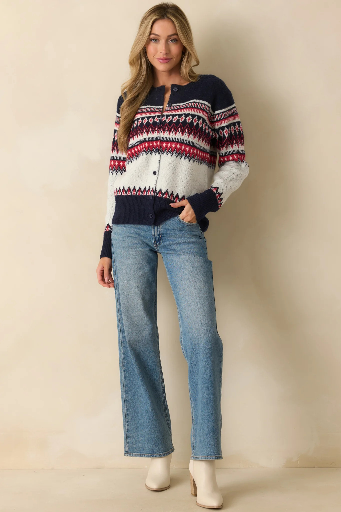 Fireside in Fair Isle White & Navy Multi Patterned Button Up Cardigan | Red Dress