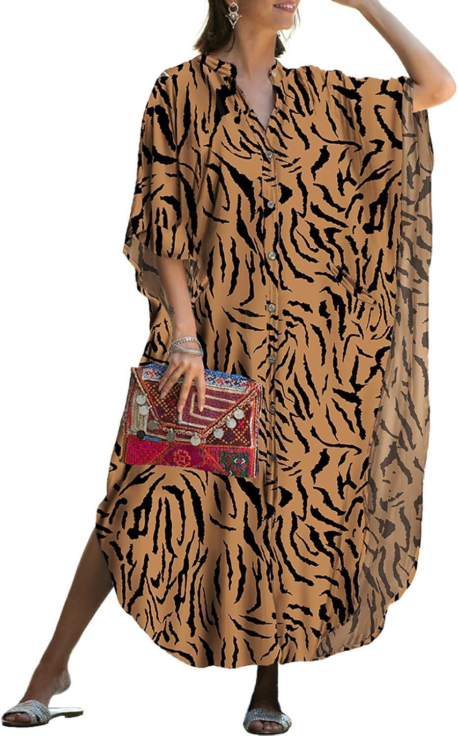 MIUDOLLS Plus Size Kaftan Dresses for Women Loose Beach Shirt Dress Button Down Swimsuit Cover up | Amazon (US)