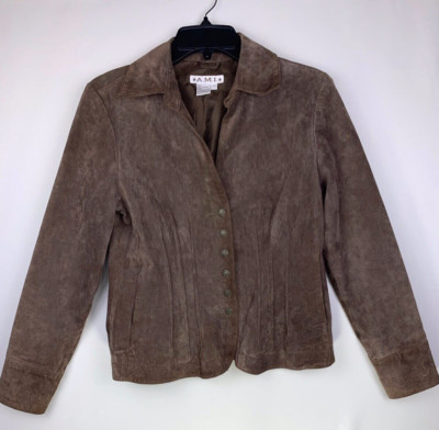 AMI Jacket Woman Small Brown Suede Leather Snap Front Fitted Vintage Y2K | eBay US