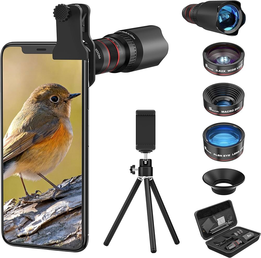 Selvim Phone Camera Lens Phone Lens Kit 4 in 1, 22X Telephoto Lens, 235° Fisheye Lens, 0.62X Wid... | Amazon (US)