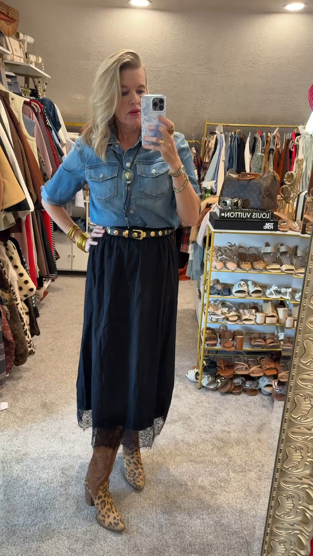 Western Chic kinda of Fall🍂

Fall styling over 50 

Affordable finds you’ll love and will love the quality 

Gold all weather Budha girl bangles 

Maxi lace hem skirt  elestice tie waist.
Comes in several colors 

Denim shirt
Tts 

Gold stud black leather belt (this one was by chicos) I also linked similar 

The cutestintital gold and silver bolo under $20
Great gift idea
Leopard cowboy boots these where Nordstrom a few years ago. So I linked similar

#LTKOver40 #LTKootd #LTKgrwm