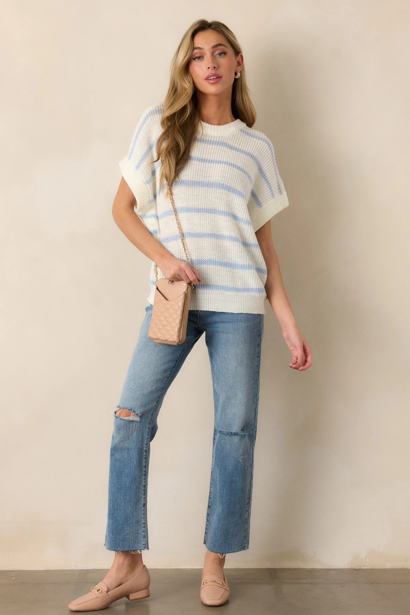 Where You Belong White & Blue Stripe Short Sleeve Sweater Top | Red Dress