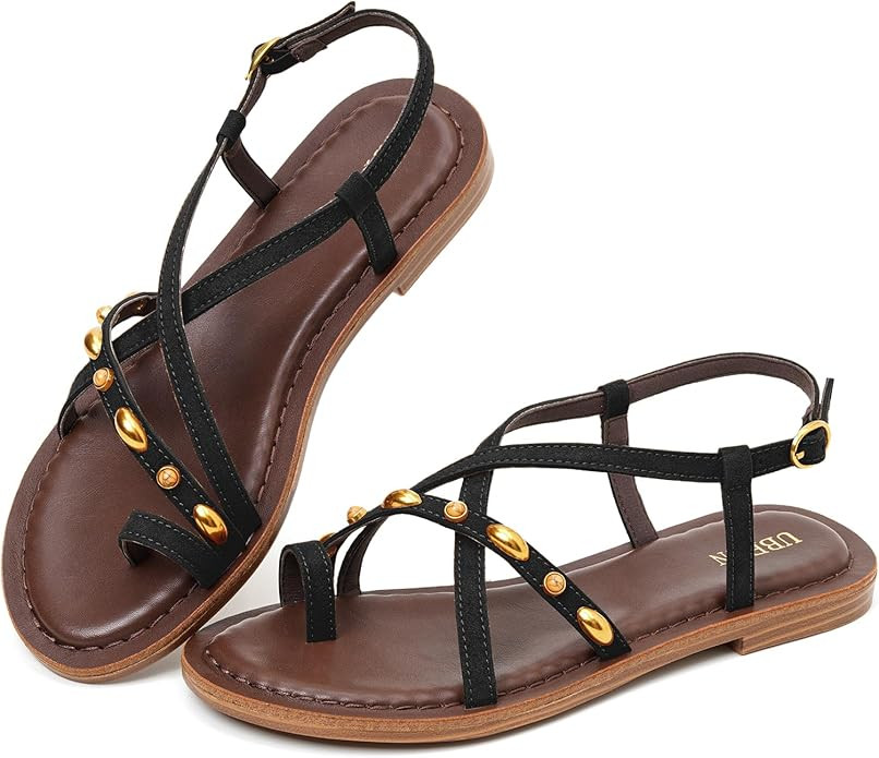 UBFEN Womens Gladiator Flat Sandals Summer Thong Sandals with Studded Detail Adjustable Ankle Buc... | Amazon (US)