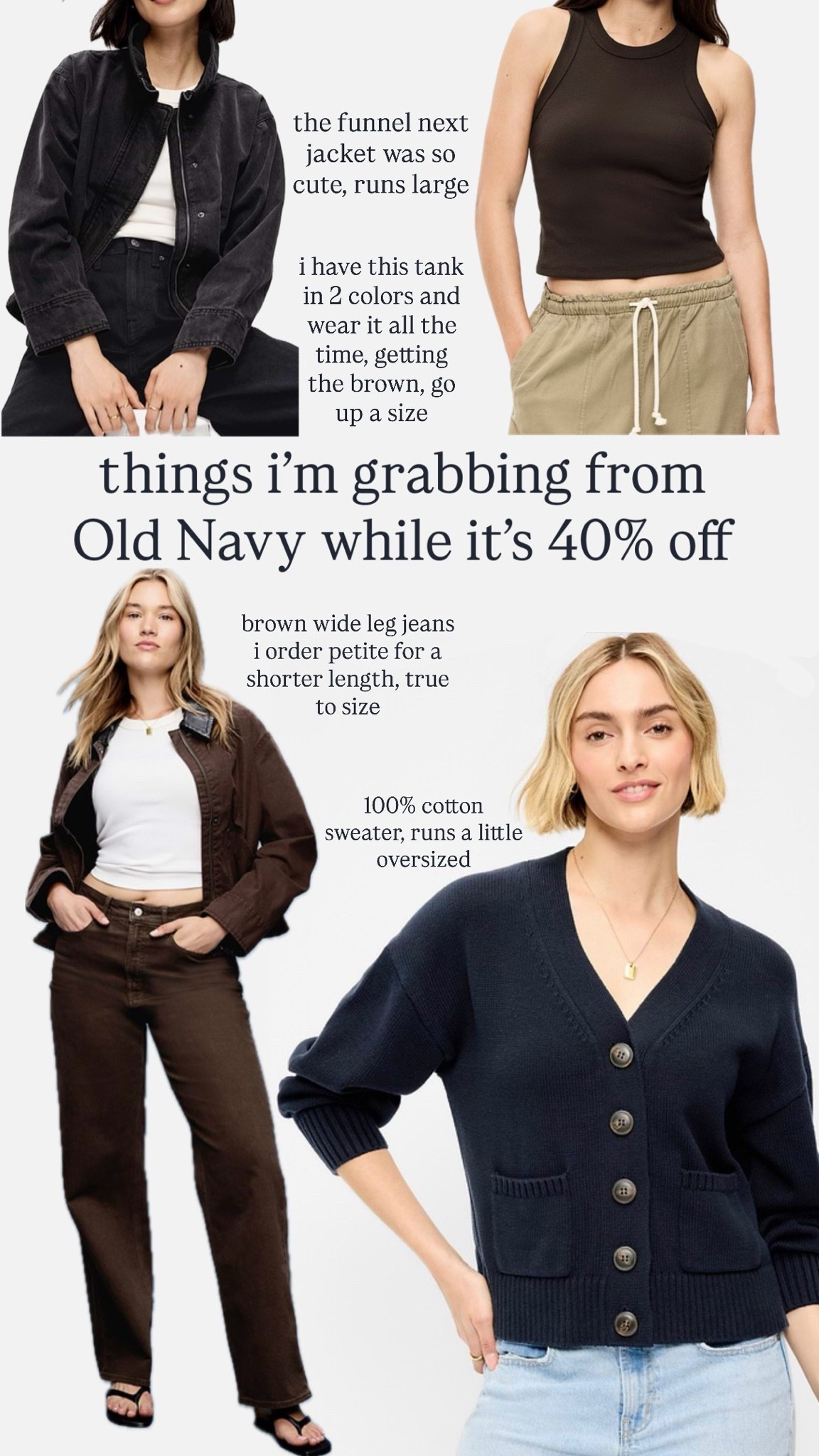 A couple great pieces from the Old Navy sale.

Navy cardigan – medium (runs large)
Brown, wide leg jeans- 10P
Snug ribbed tank – extra large (go up one)
Dunham funnel jacket – medium (runs large)￼￼￼￼

#LTKMidsize #LTKSaleAlert #LTKSeasonal