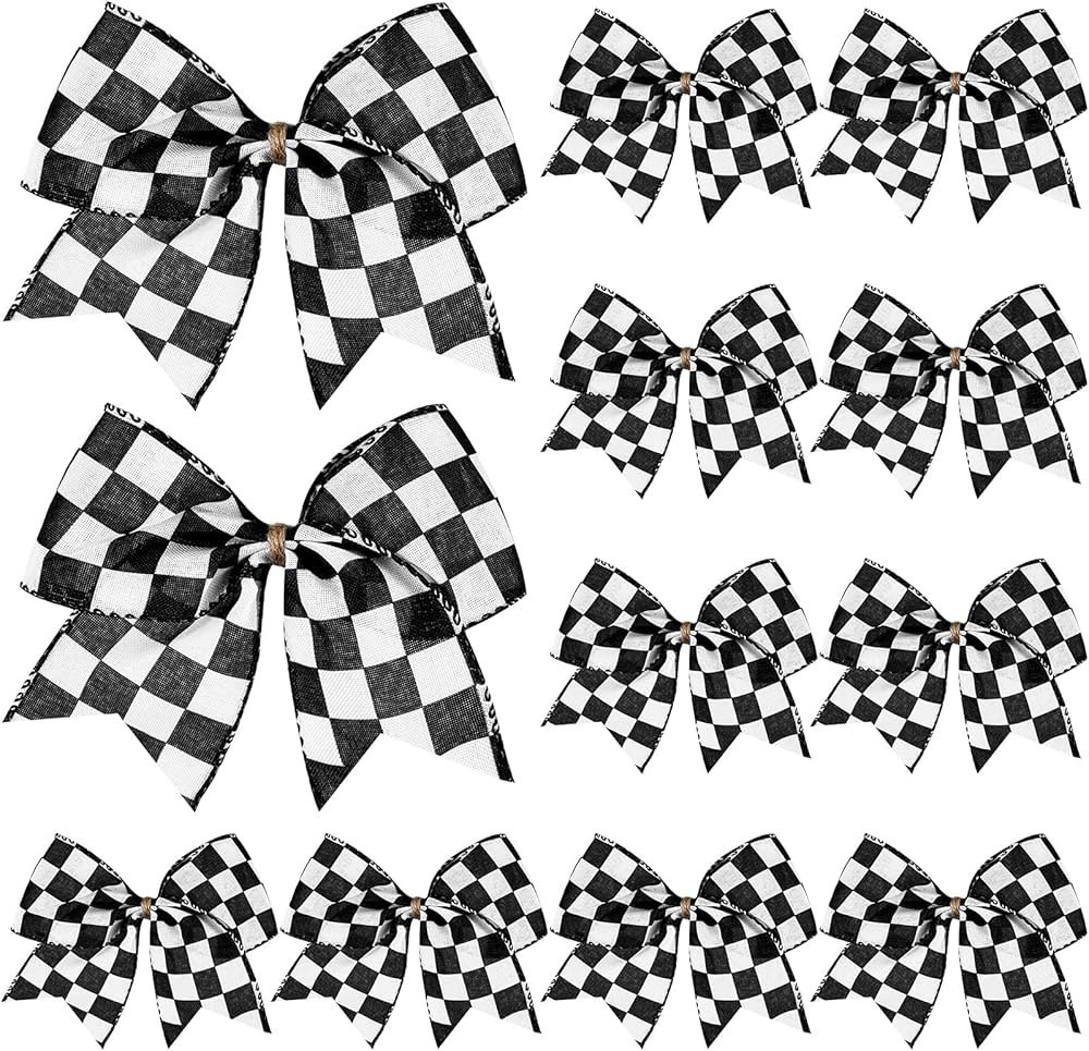 MTLEE 12 Pieces Christmas Black and White Gingham Bow Buffalo Plaid Wreath Bow Craft Cloth Ribbon Bo | Amazon (US)