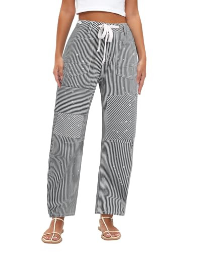 Kedera Barrel Pants for Women Patchwork Striped Low-Slung Loose Wide Leg Cargo Baggy Pants Y2K Vintage Denim Pants Black | Amazon (US)
