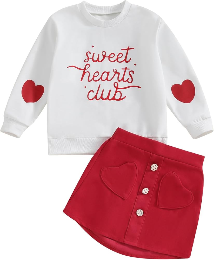 RWYBEIW Kids Toddler Baby Girl Valentine's Day Outfit Lace Long Sleeve Heart Sweatshirt Top with ... | Amazon (US)