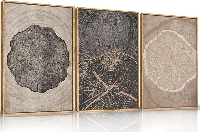 HOURIA Neutral Brown Tree Rings Framed Canvas Wall Art Set,Modern Beige Tan Wood Stump Wall Decor... | Amazon (US)