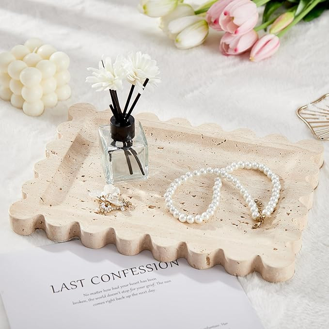Denique Natural Travertine Rectangle Vanity Tray, Scalloped Edge, Beige Decorative Stone Storage ... | Amazon (US)
