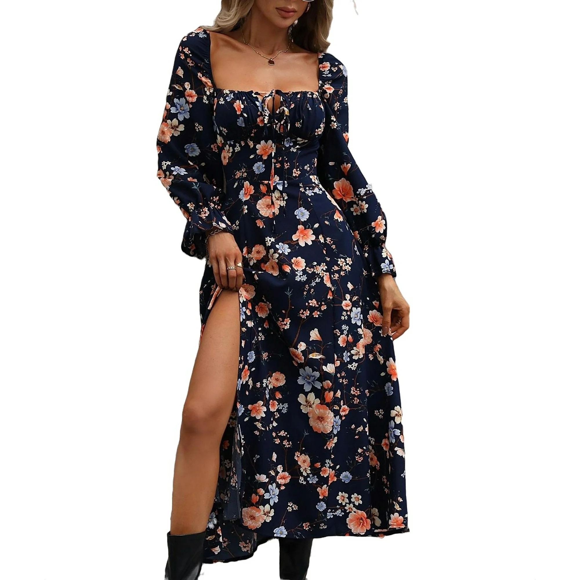 Boho All Over Print Square Neck A Line Dress Long Sleeve Navy Blue Women's Dresses (Women's) S | Walmart (US)