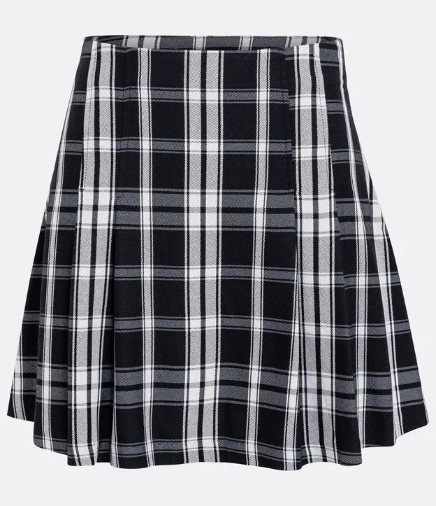 Saia Curta em Viscose Xadrez com Pregas Preto/Branco | Renner (BR)