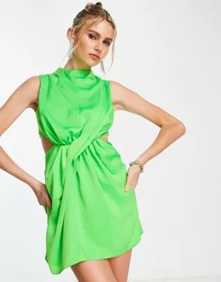 ASOS DESIGN high neck satin mini dress with drape detail in green | ASOS (Global)