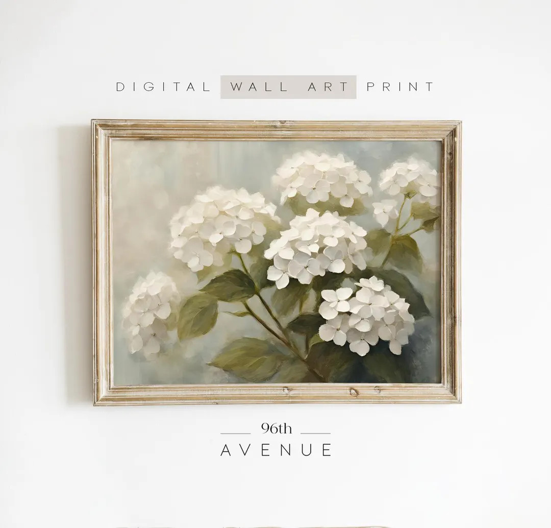 Vintage White Hydrangea Floral Wall Art Printable | Neutral Cottage Decor Painting | Spring Digit... | Etsy (US)