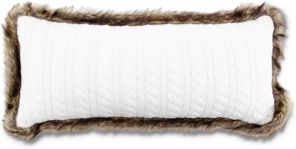 K&K Interiors 54493A-WH 22 Inch White Cable Knit Rectangular Pillow with Brown Fur Trim | Amazon (US)