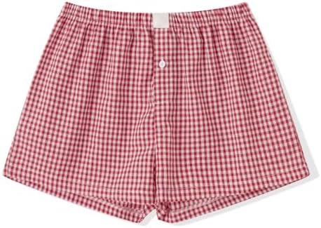 Women Gingham Boxer Shorts Y2k Cute Stripes Plaid Button Elastic Waist Lounge Boxers | Amazon (US)
