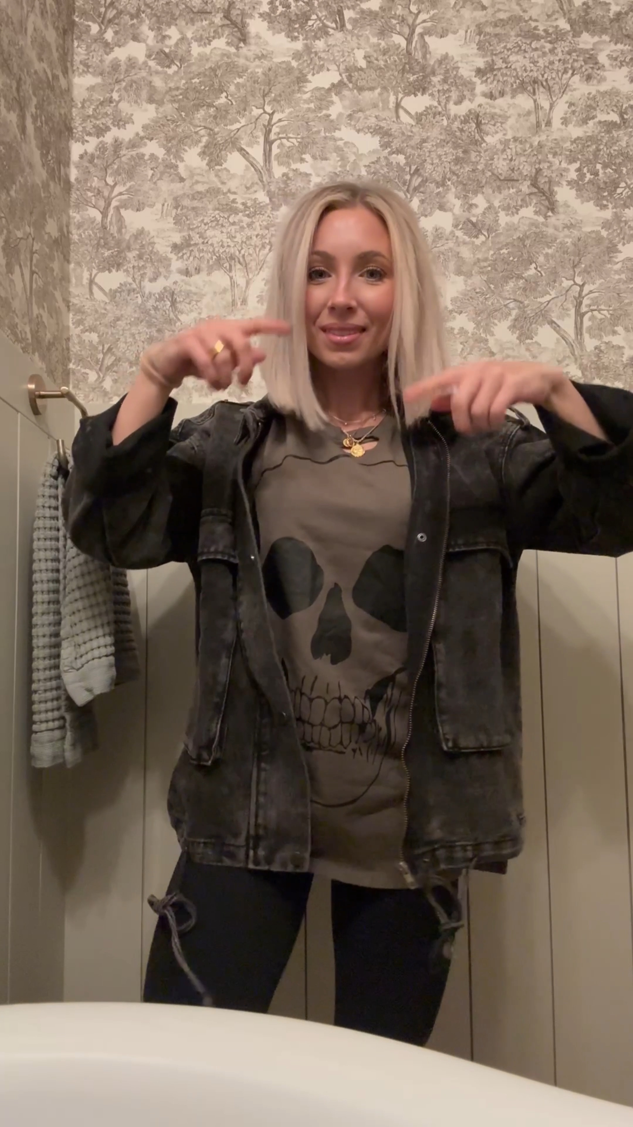 Amazon skeleton tee size large 
Pink lily black denim jacket size medium 

#LTKHalloween #LTKSeasonal #LTKFindsUnder50