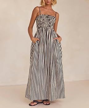 KMBANGI Women Striped Sleeveless Maxi Dress Swing Aline Midi Dress Backless Smocked Spaghetti Str... | Amazon (US)