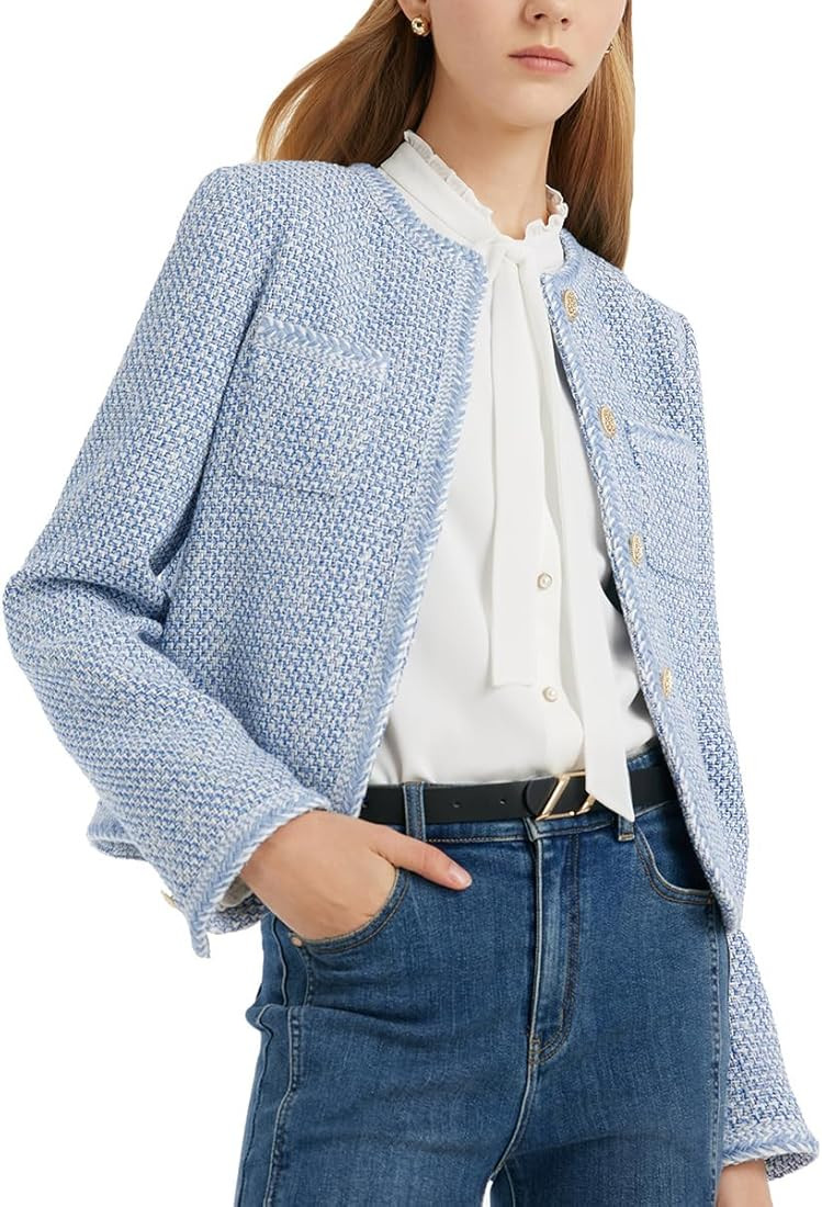 GOELIA Tweed Blazer Jackets for Women Round Neck Long Sleeve Blue Blazer Women with Two Pockets | Amazon (US)