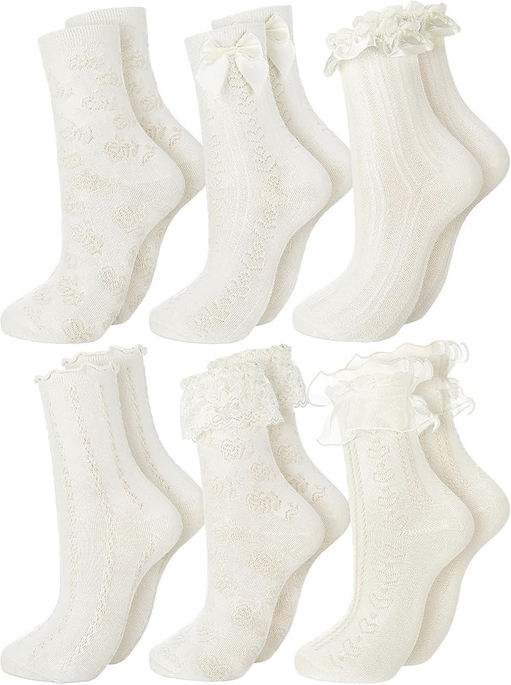 6 Pairs Ruffle Socks Women Frilly Lace Ankle Socks Cream Lolita Princess Bow Breathable | Amazon (US)