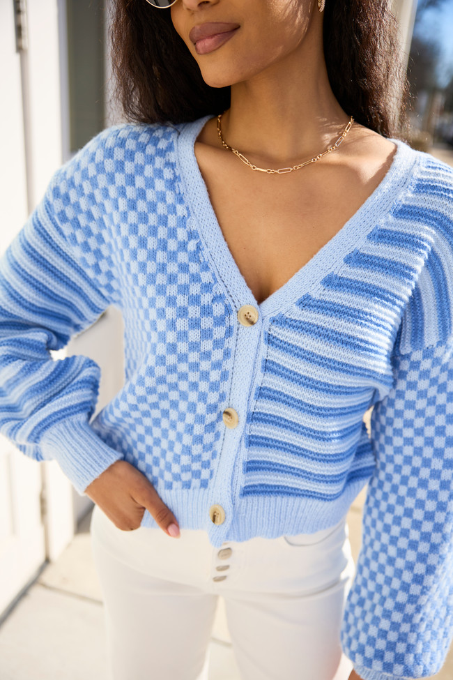 Samara Checkered And Stripes Blue Cardigan | Pink Lily